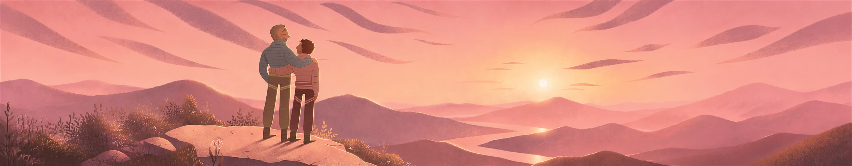Pai e filho observando as montanhas ao entardecer
